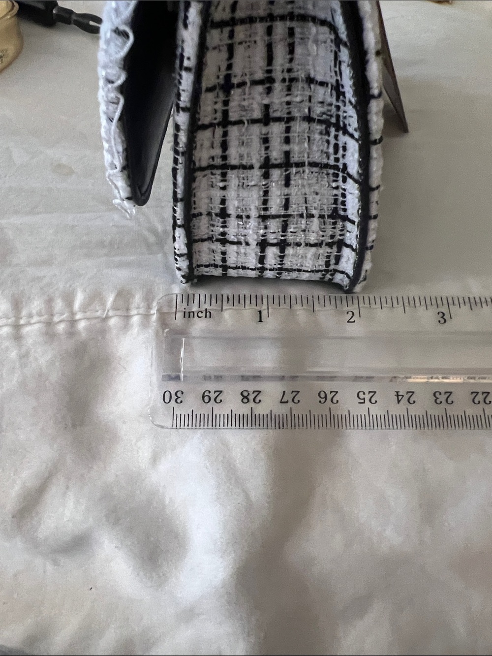Top Handle pearl white black tweed lace Camellia flower mini bag purse n5 - Picture 12 of 13